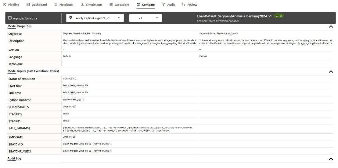 Comparing a Selected Pipeline against a Version