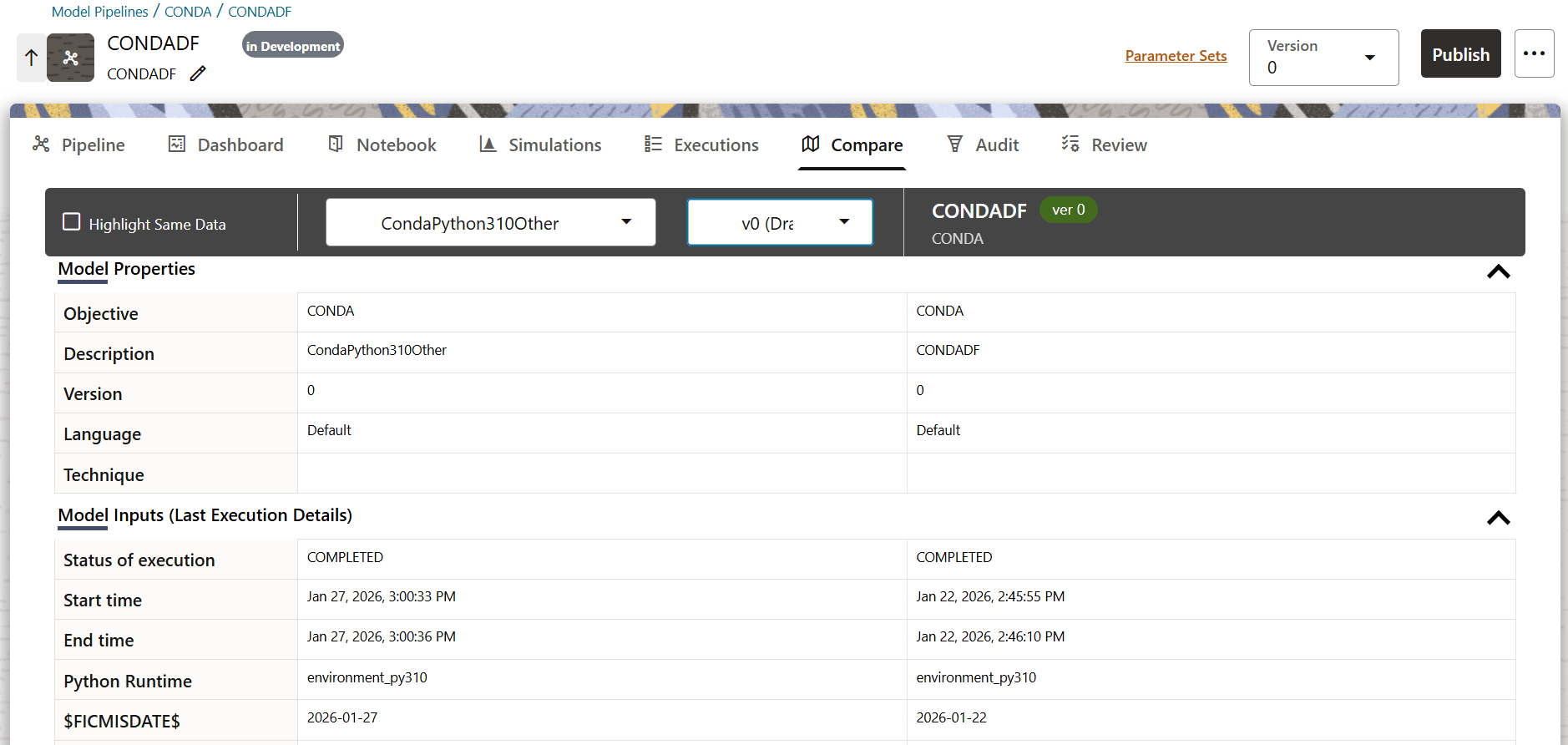Comparing a Selected Pipeline against a Version