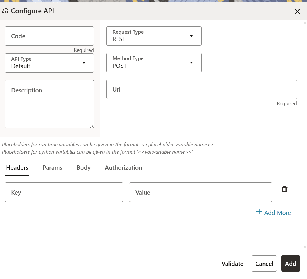 Configure API Window