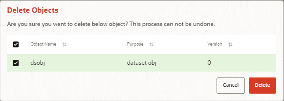 This image displays the Delete Objects screen.