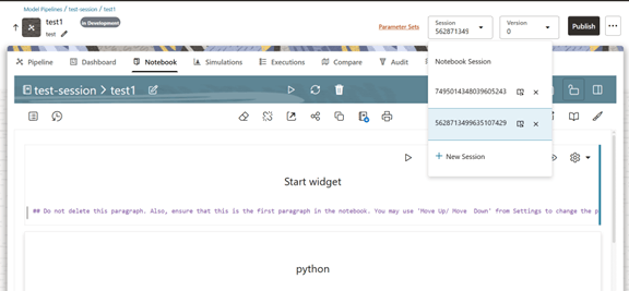 This image displays the Session drop-down screen with multiple sessions shared between Pipeline Canvas and Notebook.