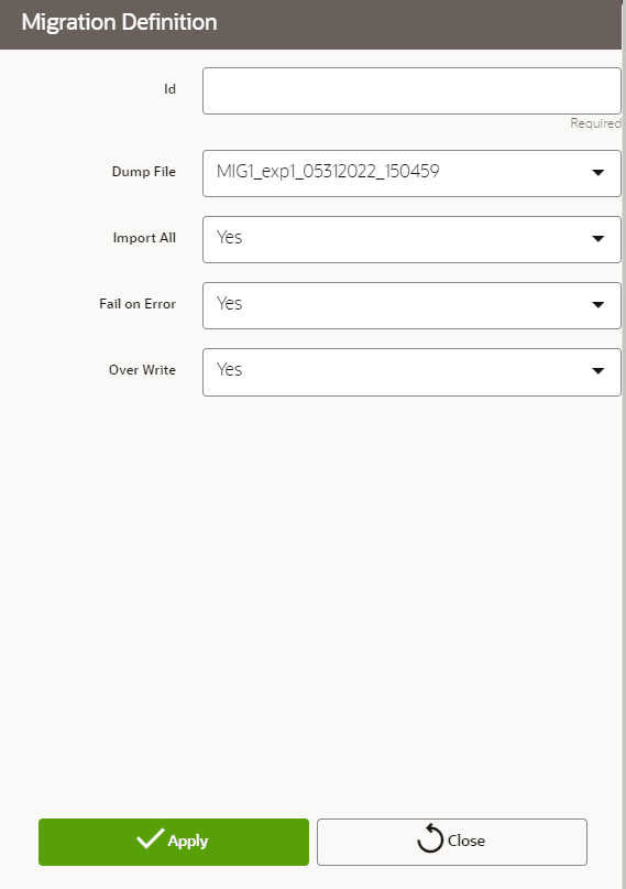 This image displays the Migration Definition window.