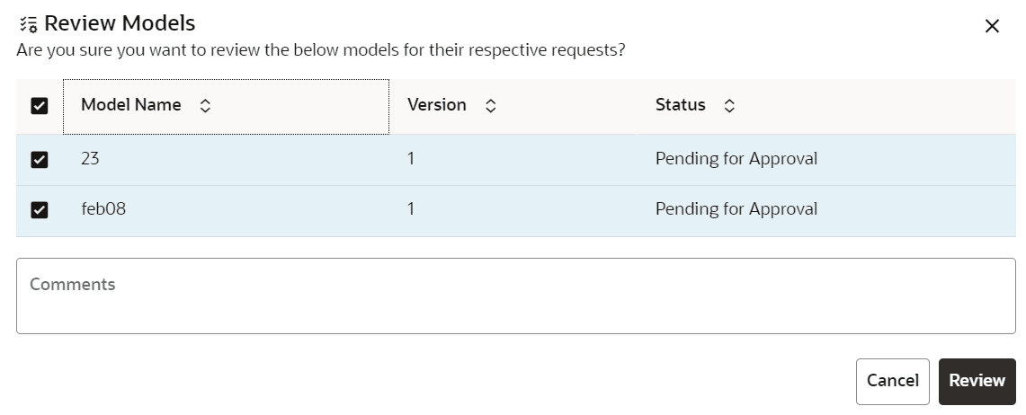 This image displays the Review Models window.