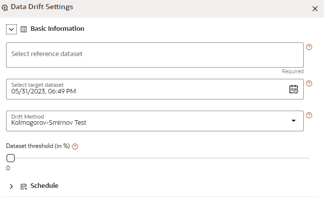 This image displays the Data Drift Settings.