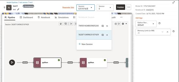 This image displays the Model Pipeline Session screen.