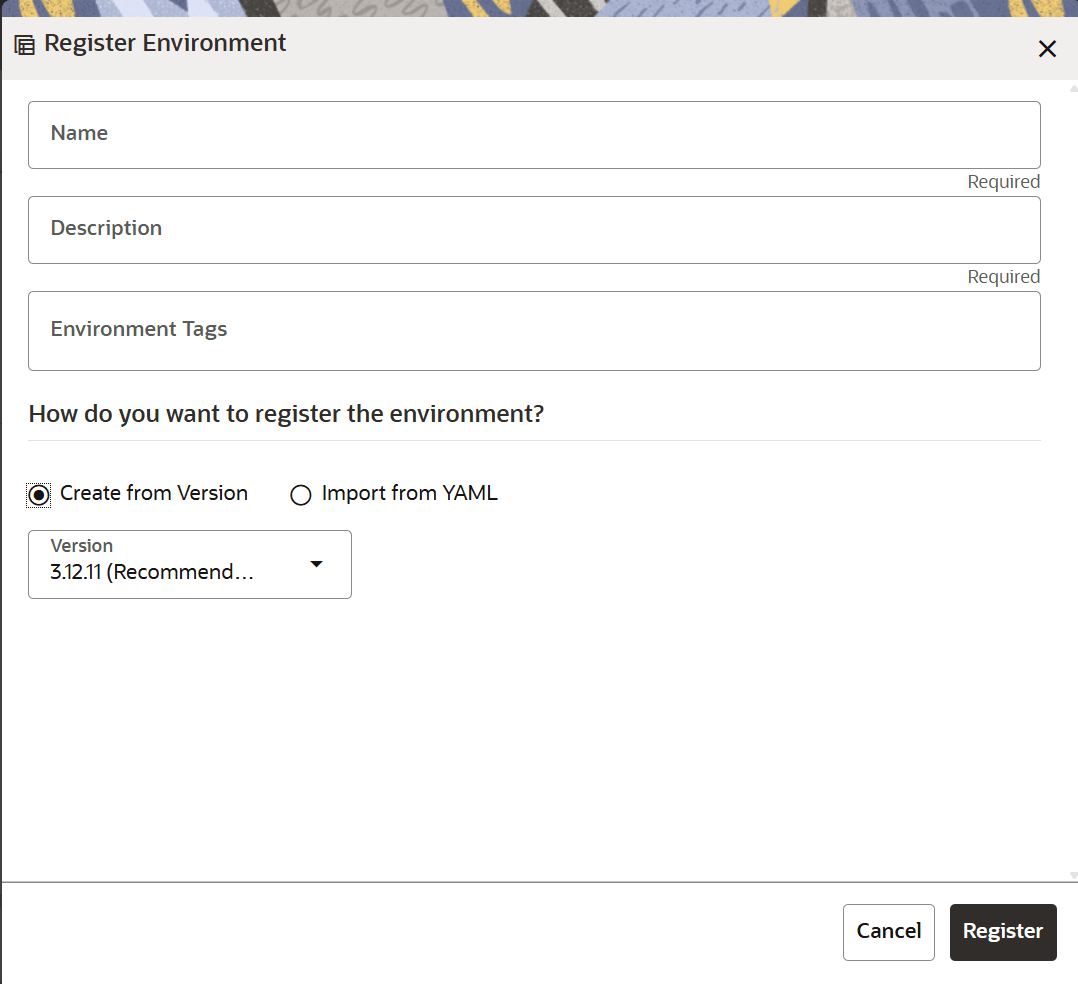 Register Environment Window