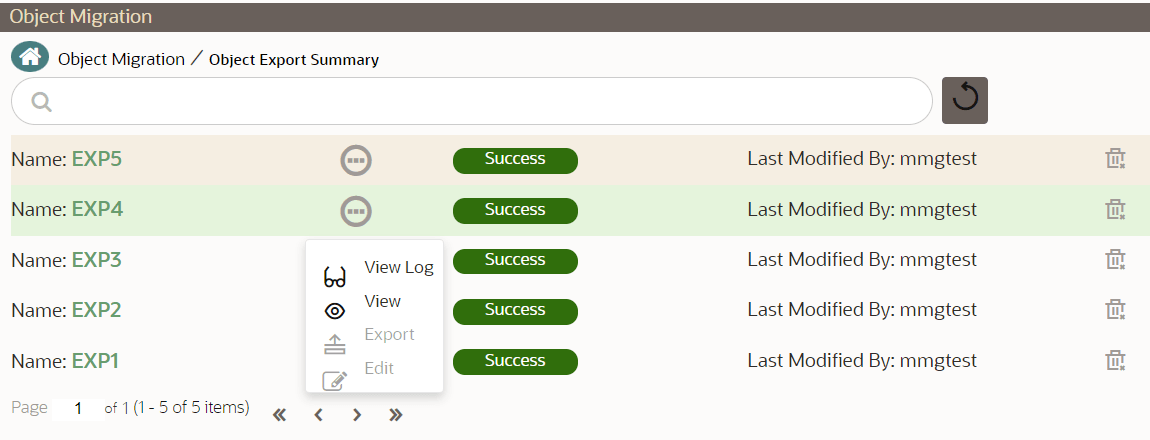 This image displays the Search Objects to Export.