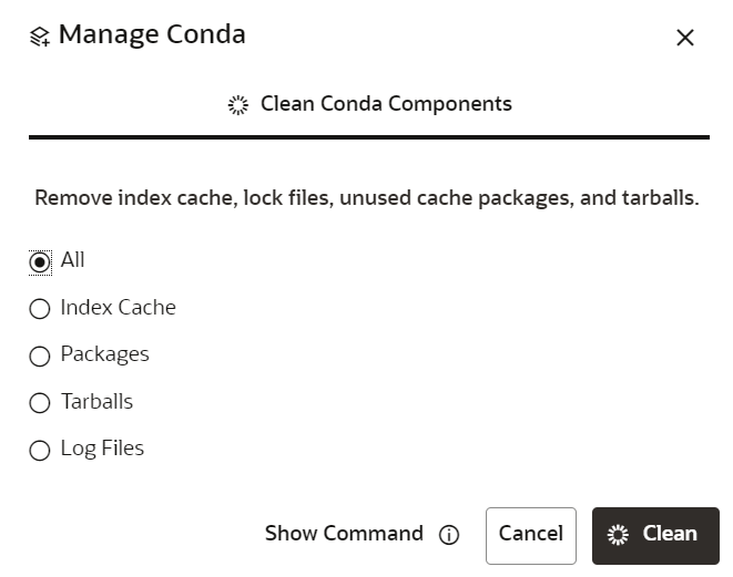 This image displays the Manage Conda screen.