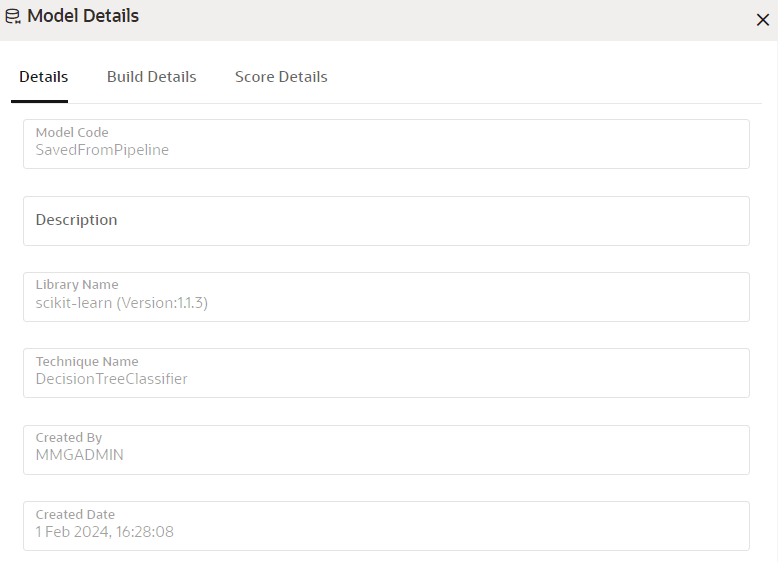 This image displays the Model, Build, and Score details.
