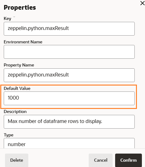 Properties of zeppelin.python.maxResult