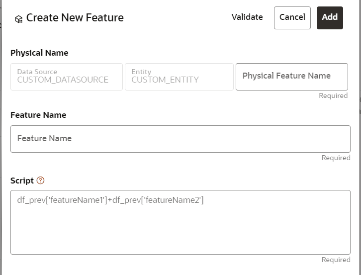 This image displays the Create Feature on Dataset Transformation of Dataset UI.