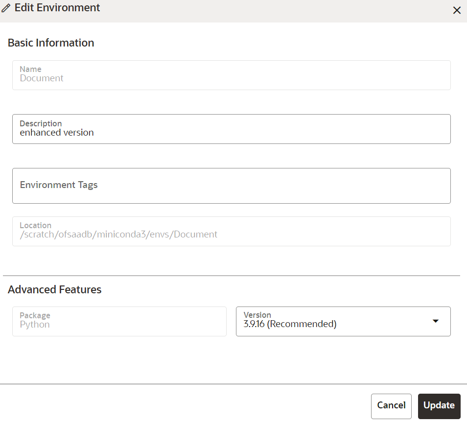This image displays the Edit Environment page.