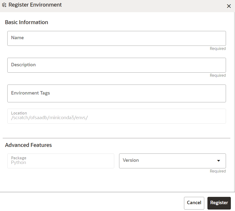 This image displays the Register Environment page.