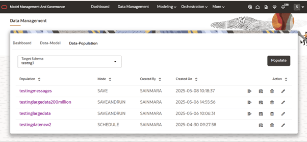 This image displays the Data Population List Actions.