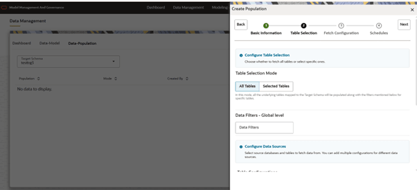 This image displays the Table Selection and Global filter.