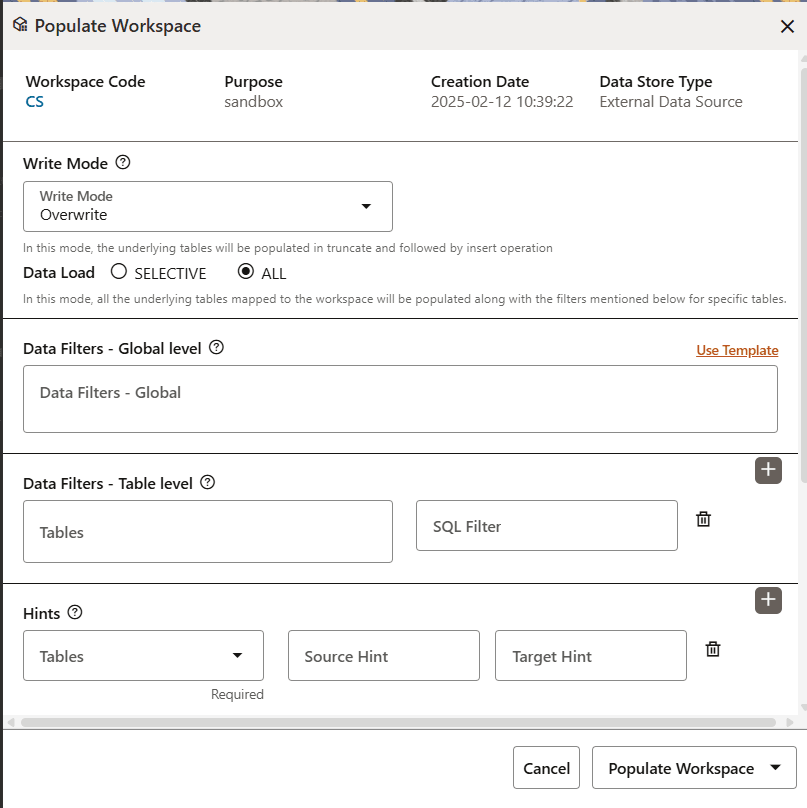 This image displays the Populate Workspace page.