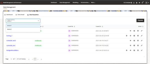This image displays the Target Schema selection and populate button.