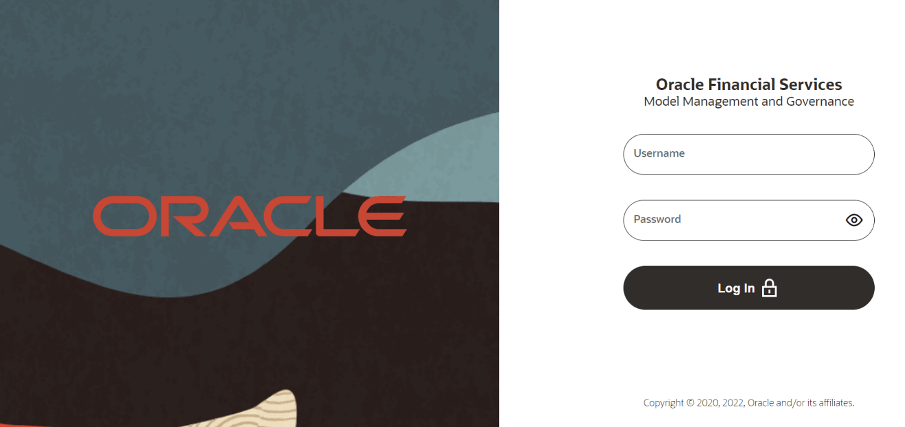 This image displays the OFS Model Management and Governance Application Login Page.