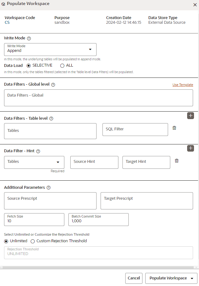This image displays the Populate Workspace window.