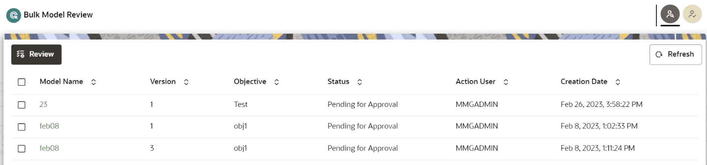 This image displays the Review Models screen. This image displays the Review Models screen.