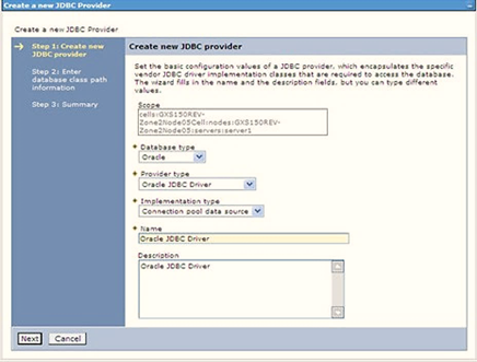 Click New to add the new JDBC Provider under the Preferences section. The Create new JDBC Provider window is displayed. Enter the Database Type, Provider Type, Implementation Type, Name, and Description.