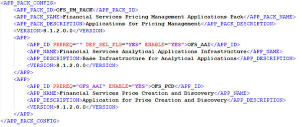 This illustration shows a sample of the OFS_PM_Pack.xml file.