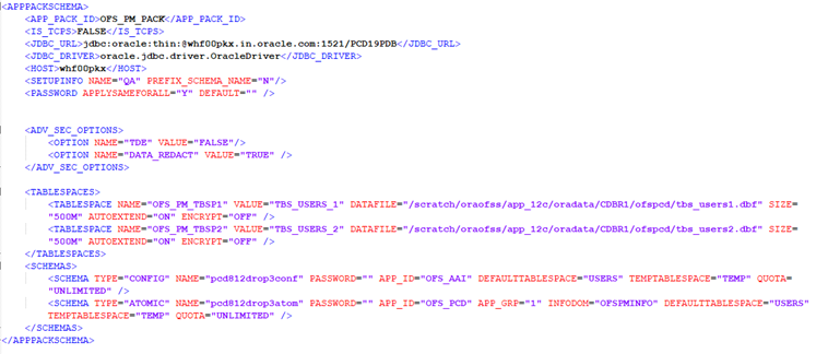 This illustration shows a sample of the OFS_PM_SCHEMA_IN.xml file.