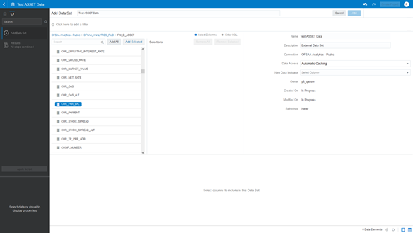 The Add Data Set – Search Columns screen allows you to select the Columns for the selected Database Object.