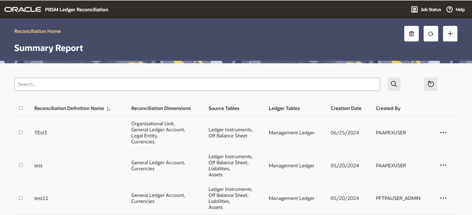 The Reconciliation Definition summary screen allows you to search for any definitions from the displayed list.
