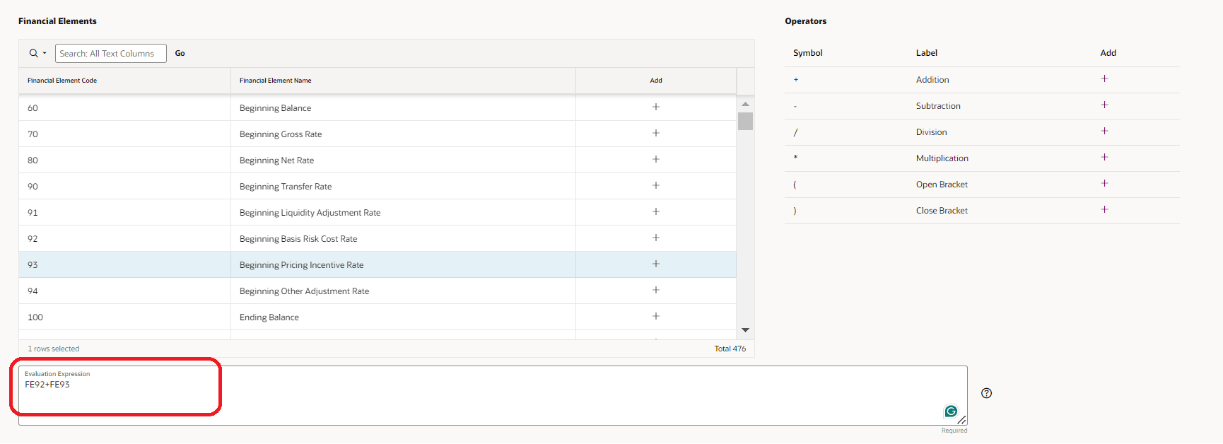 Financial Elements, Operators, and Evaluation Expression