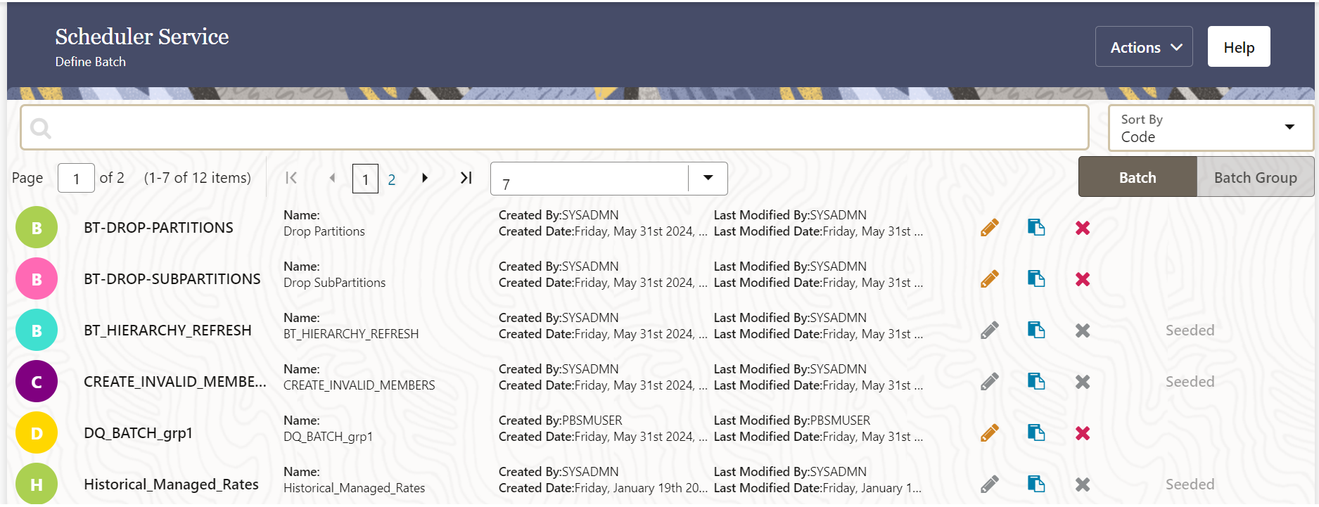 This image displays the Define Batch List View.