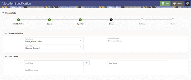 The Leaf Driver pane is only displayed for the Leaf allocation type. Use this pane to specify the dimension and leaf value you wish to use. The Leaf Driver pane is only displayed for the Leaf allocation type. Use this pane to specify the dimension and leaf value you wish to use.