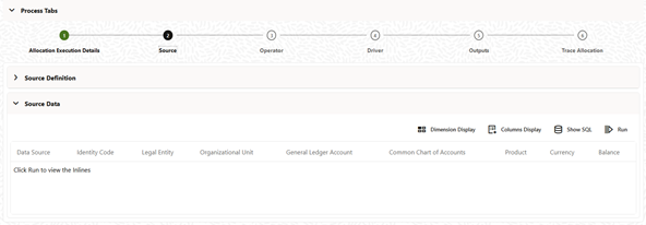 The Source tab displays the details about the Allocation's Source Specification at the time that it was run. The Source tab displays the details about the Allocation's Source Specification at the time that it was run.