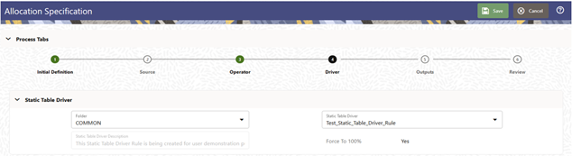 This tab allows you to construct a static table driver rule that uses an Organizational Unit Key Leaf and a Product Target Leaf. Select the Mortgage Origination and Statement Processing rollup points from your organizational hierarchy for your Key Leaf values. Select the three mortgage products plus the Checking, Savings, and Time Deposits products as your Target Leaf values. Finally, enable the appropriate combinations of Key Leaf and Target Leaf and enter your coefficient values. This tab allows you to construct a static table driver rule that uses an Organizational Unit Key Leaf and a Product Target Leaf. Select the Mortgage Origination and Statement Processing rollup points from your organizational hierarchy for your Key Leaf values. Select the three mortgage products plus the Checking, Savings, and Time Deposits products as your Target Leaf values. Finally, enable the appropriate combinations of Key Leaf and Target Leaf and enter your coefficient values.