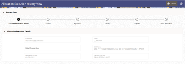 The tab displays the Allocation Rule Name, Description, Folder, Batch Name, Executed As-of-Date and Execution End Time.