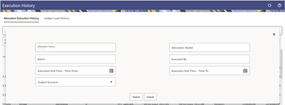 The Allocation Execution History Criteria window displays the fields for Allocation Rule Name, Allocation Model Name, Batch, Executed By, Execution End Time, or Ouput Scenario parameters. You can enter any one or more search parameters to see the rules that meet the Search Criteria.