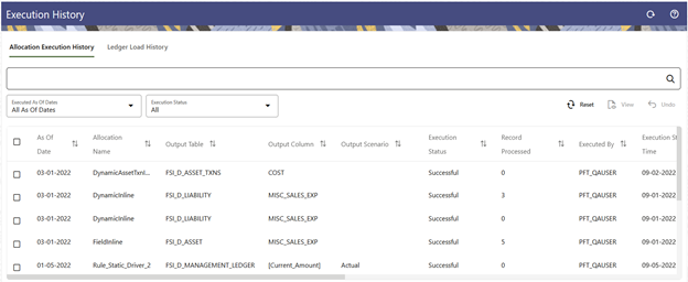 The Allocation Execution History Summary screen presents a table that lists a series of allocation runs sorted by As-of-Date and by Completion Date. You may sort on any column you choose by clicking on a column title, but the results are sorted first by As-of-Date and second by the column, you have chosen.