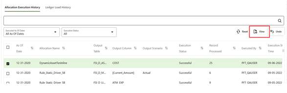 When we select a single row from the Allocation Execution History table and click the View icon, a series of screens are displayed in a separate window that shows the Allocation Rule as it appeared at the time the rule was executed.