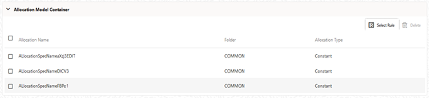 The Allocation Model Container section in the Detail screen is populated with the selected rules under this standard Allocation model.