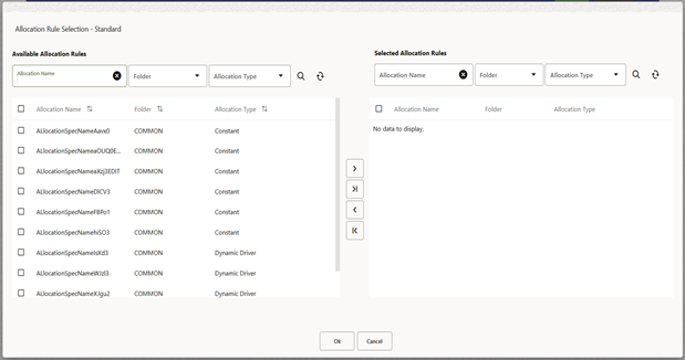 The Allocation Rule Selection pop-up window displays a list of the available allocation rules on the left hand side and the list of the selected allocation rules on the right hand side.