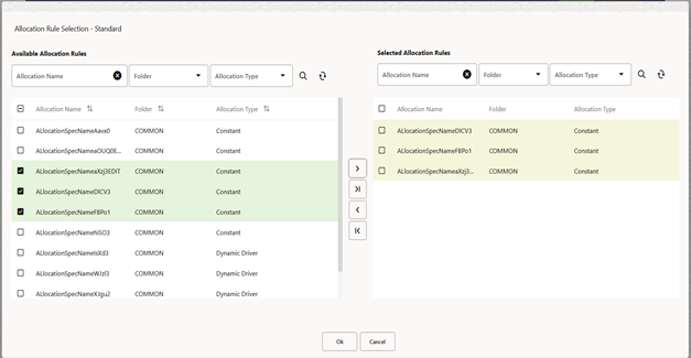 The Allocation Rule Selection pop-up window displays a list of the available allocation rules on the left hand side and the list of the selected allocation rules on the right hand side.