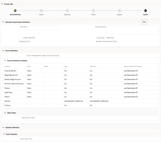 The Review process tab displays a single-page, printable report of an Allocation rule's specification.