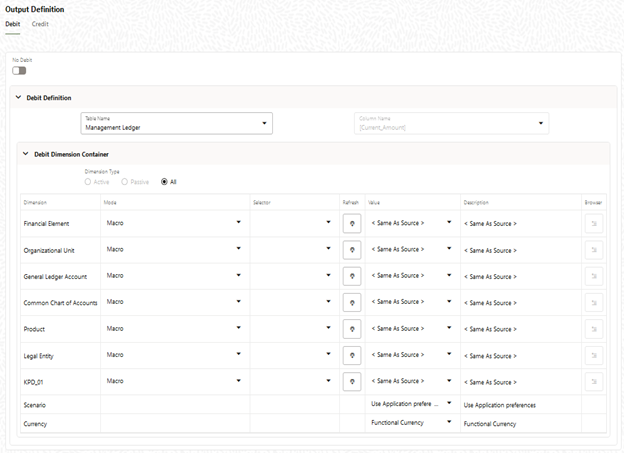 The Outputs Process Tab allows you to specify where the outputs of an Allocation Rule are written. When the output generates to the Management Ledger Table, the allocation engine creates Management Ledger debits and/or credits. When the output generates to Instrument or Transaction Summary Tables, the Allocation Engine updates Target Columns.