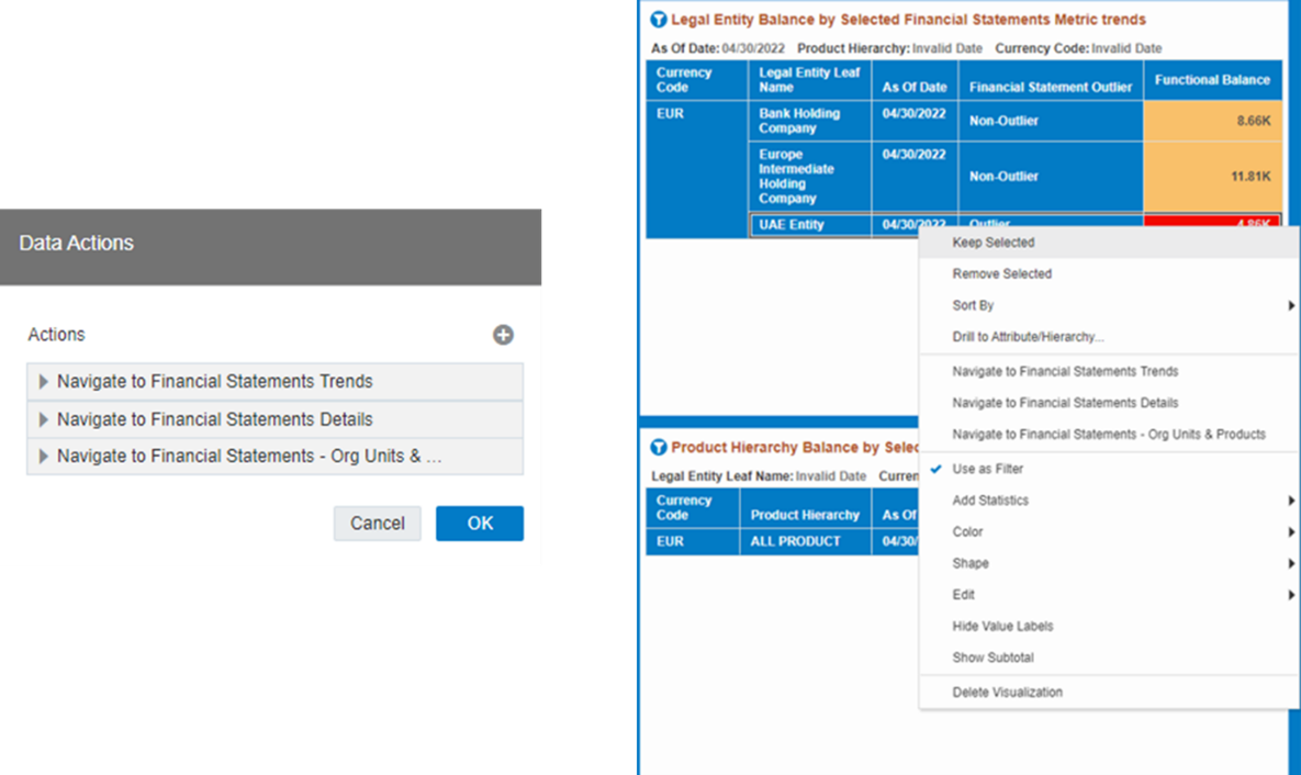 This screenshot shows the Data Actions list as well as the navigation options that appears once you right click on the desired selection.