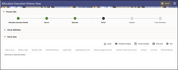 This view-only screen offers an inline report of the Driver Data generated by the Allocation Rule at the time that it was run, and enables the user the ability to trace the sources of the data that fed into the current Allocation.