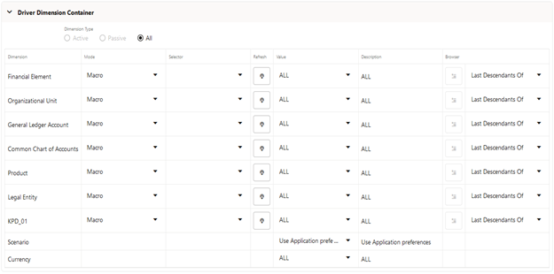 The Driver Dimension Container is used to provide Dimensional Constraints on your Driver Data. For any dimension, you may constrain your source data by selecting a Leaf Member, a Roll-Up Member within a Hierarchy, or a Hierarchy Filter.