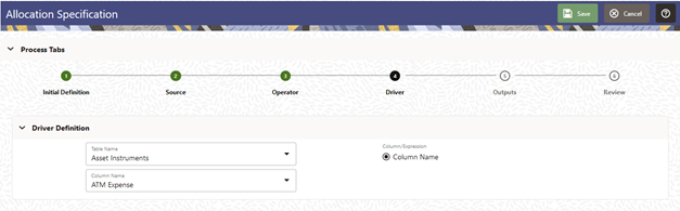 For a Field Allocation Type, the Driver Process Tab displays the Driver Definition Pane that lets you choose the Driver Table and the Driver Column to serve as the source of your Driver Data.