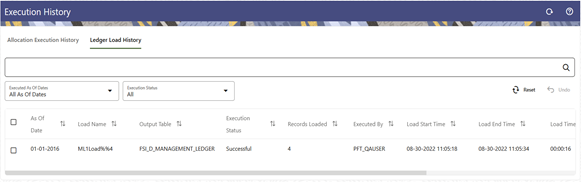 The Ledger Load History Table will display the load names sorted in descending order based on the As of Date and the Load End Time.