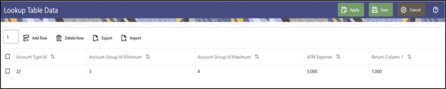 The Lookup Table Data Information screen displays the Lookup Tamplate table. You can Add or Delete a new row, Export or Import the table data, sort ro clear sorts.