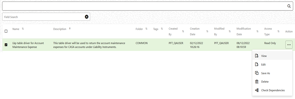 The Lookup Table Driver Summary Table displays the rules stored within your current default folder in a summary table. This screen displays the Search pane and Lookup Table Driver Summary table.